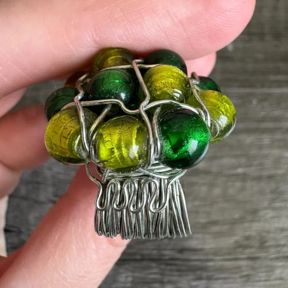 Handmade Wire-Wrapped Stainless Ring with Green & Yellow Glass Beads Size, 5.5